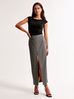 A&F High-Waist Gray Pinstripe maxi Pencil Skirt with Front Slit